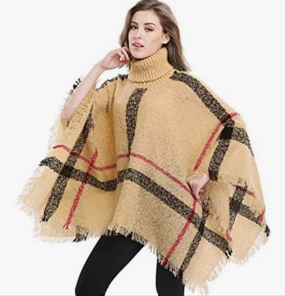 Plaid Fringe Poncho - Picture 2 of 7